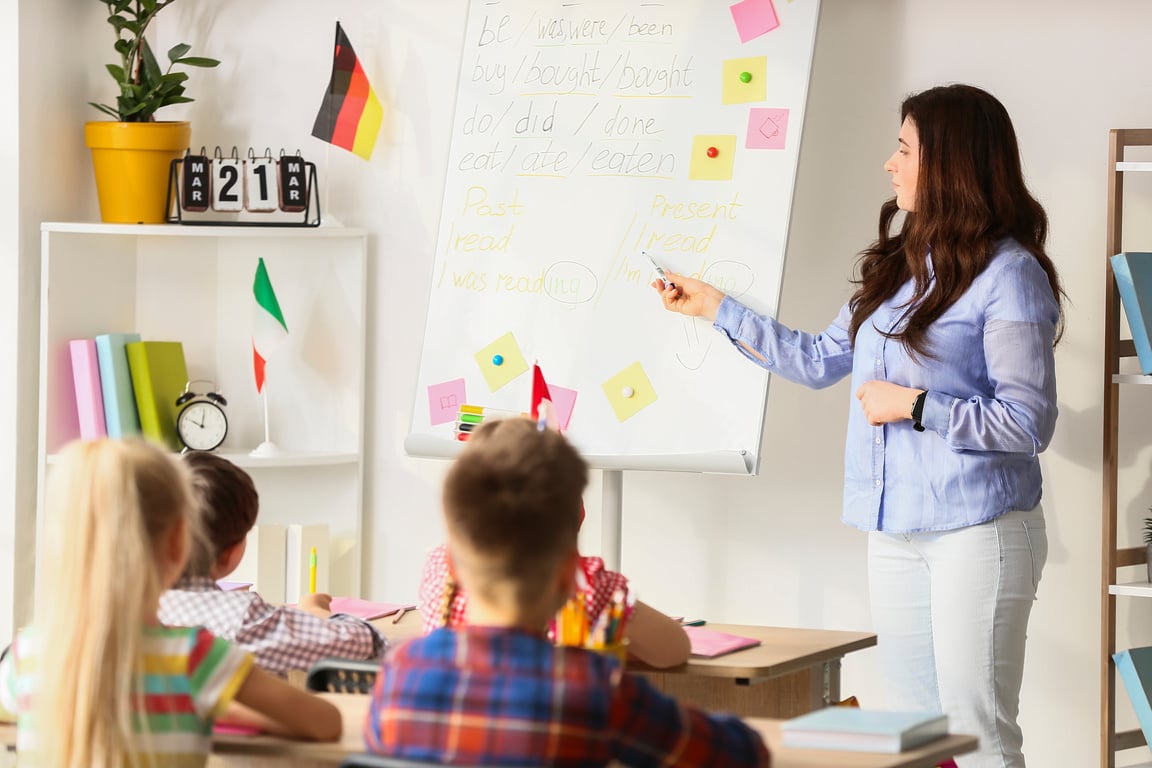 Teacher Teaches Lesson for Children at Language School